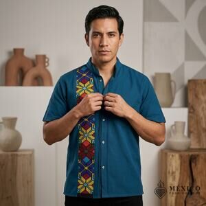Blue Mexican embroidered  Short Sleeve Shirt – Artisan Cultural Style  LG